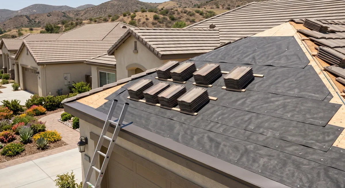 A tile roof mid-replacement on a Southern California home, with new shingle bundles staged across the deck