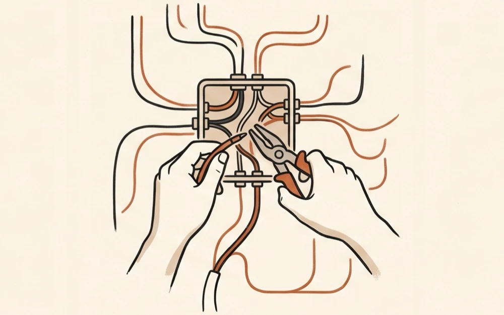 Line illustration of hands wiring a junction box
