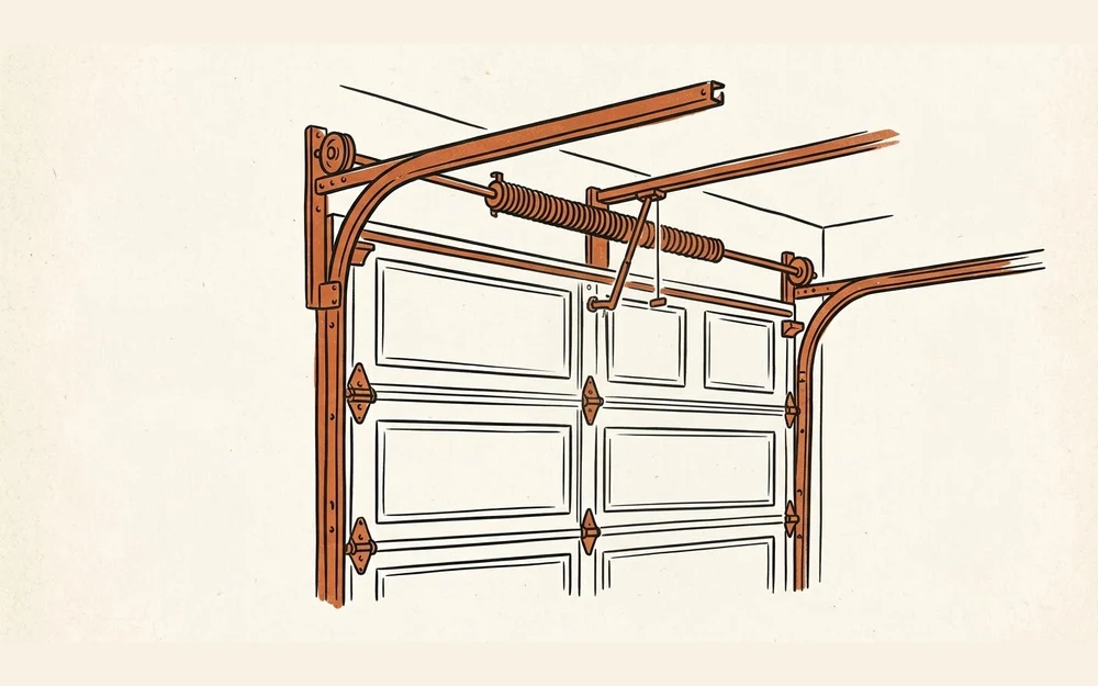 Line illustration of a sectional garage door part way open