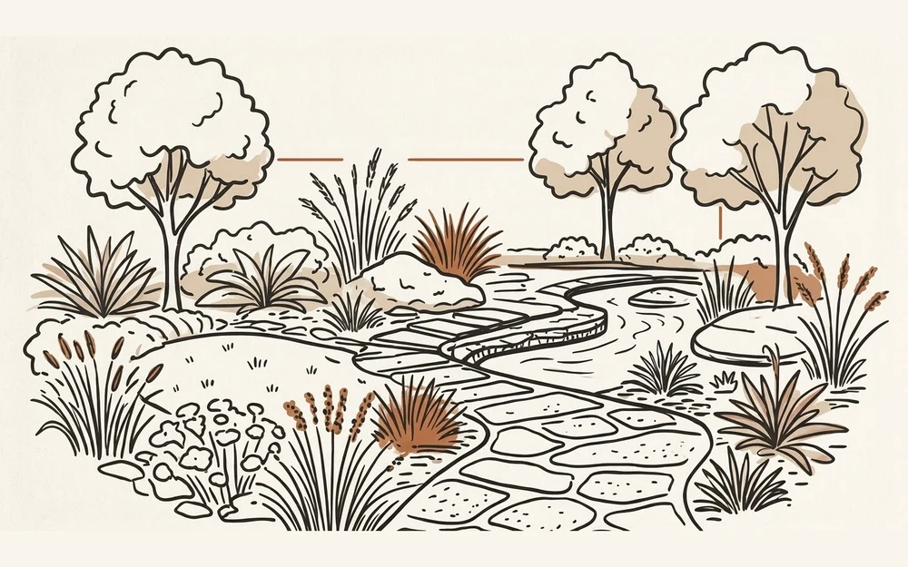 Line illustration of a shovel and a young plant in a bed