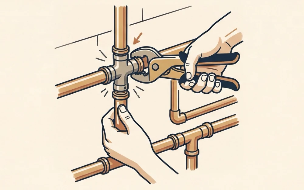 Line illustration of a wrench tightening a copper pipe fitting