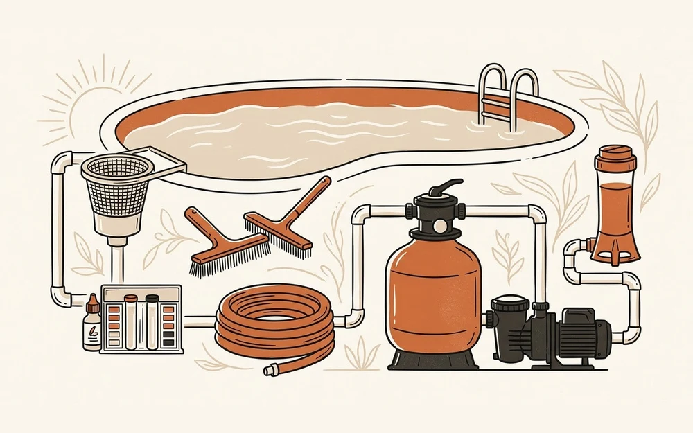 Line illustration of a pool skimmer net and a water surface