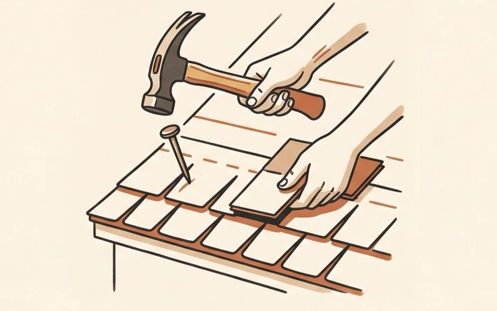 Line illustration of a hammer driving nails into roof shingles