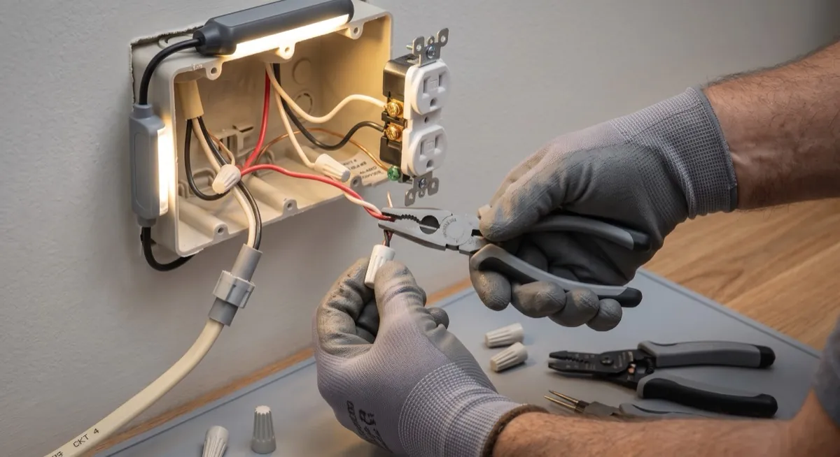 An electrician checking cables in a lighting system