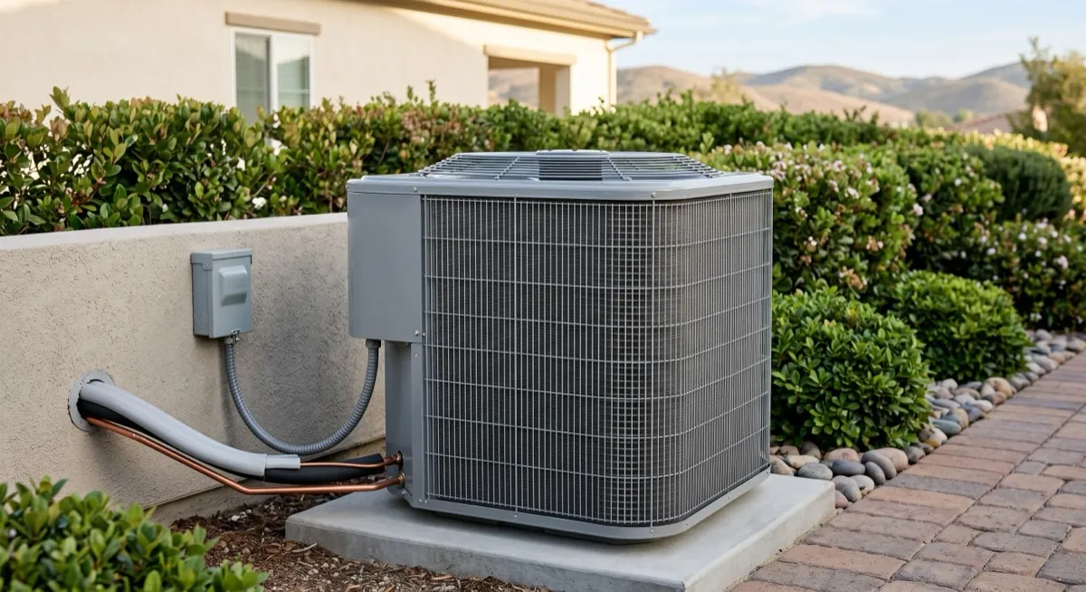 A residential air conditioning condenser unit installed beside a home
