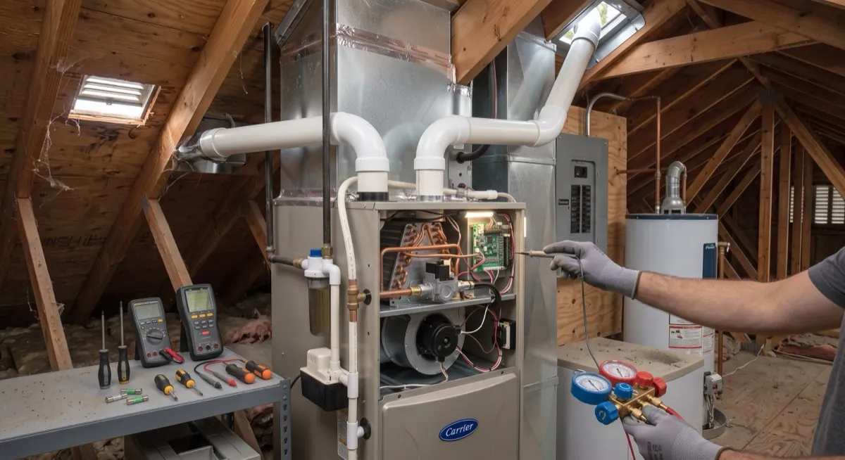 An HVAC technician servicing a furnace unit in a residential attic