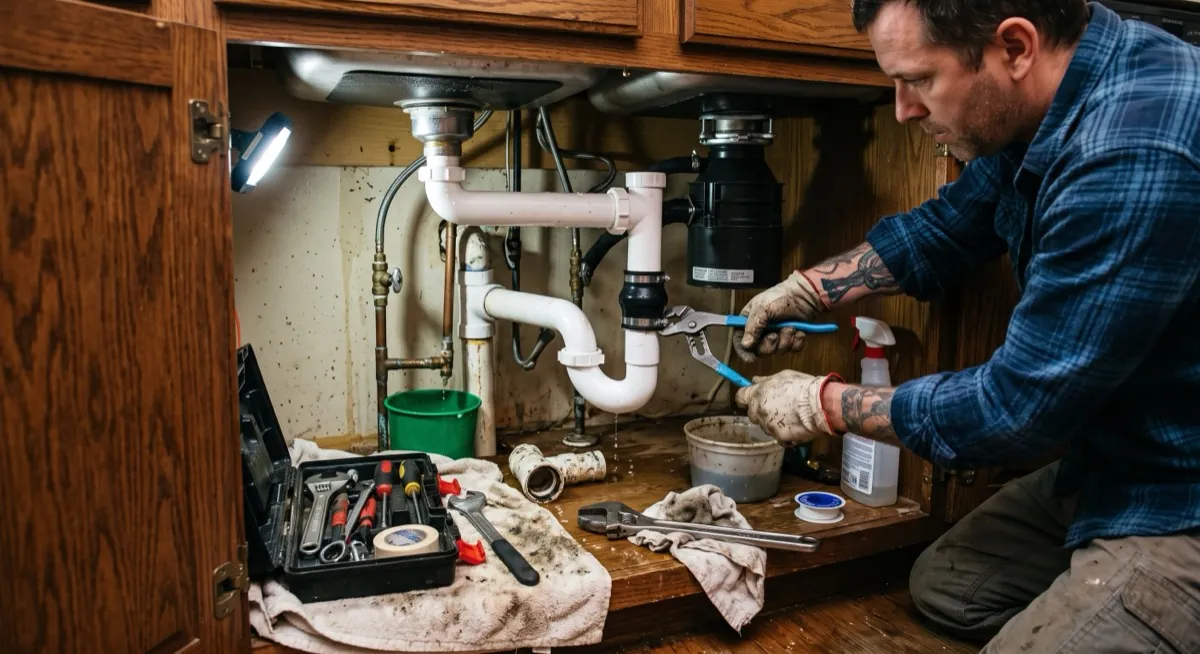 A plumber working on supply lines beneath a kitchen sink